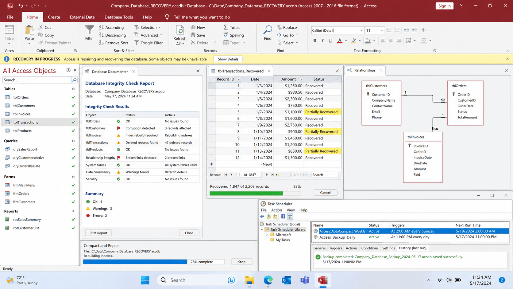 Access database repair and recovery workflow