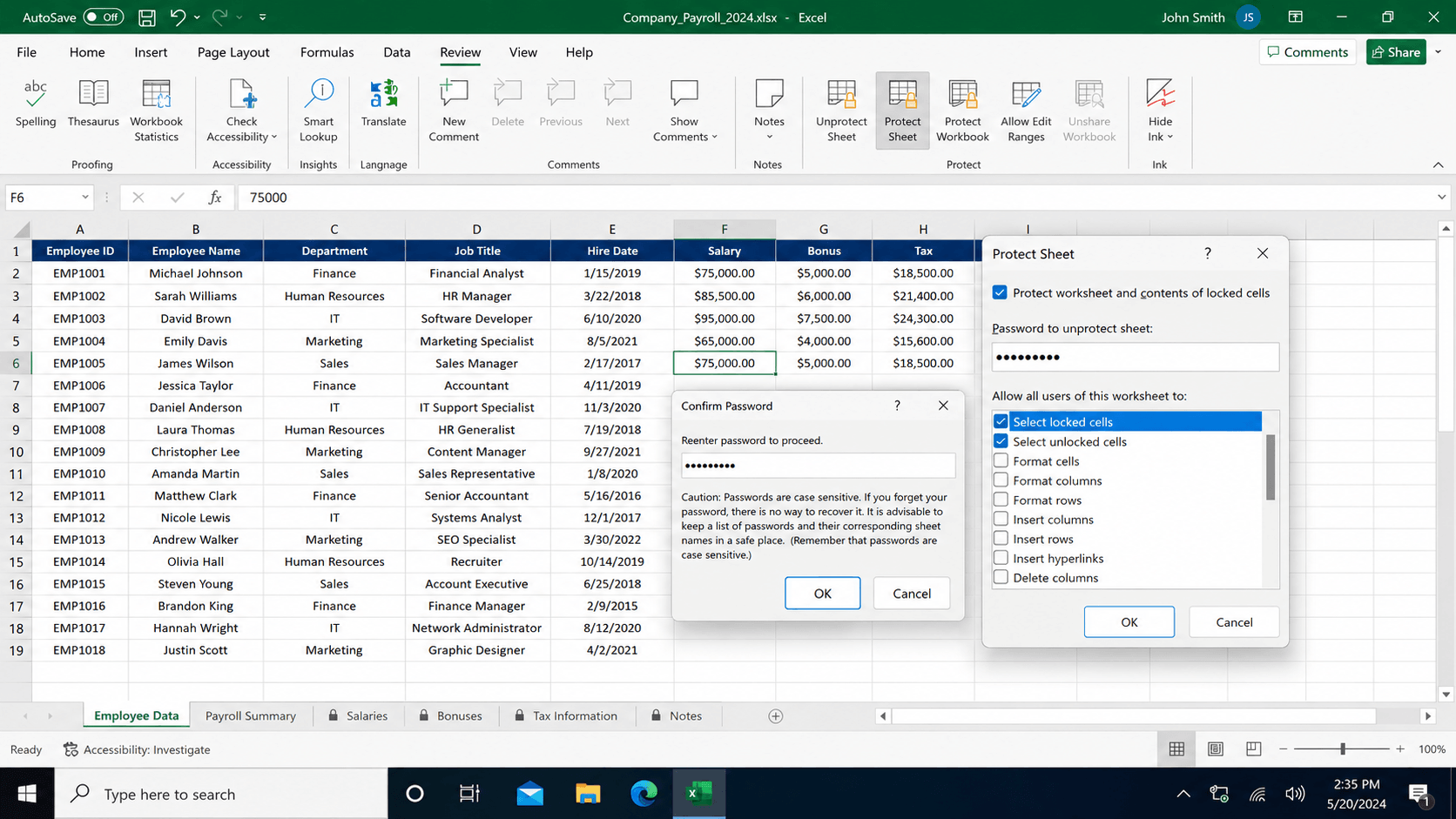 Excel worksheet protection and access control settings