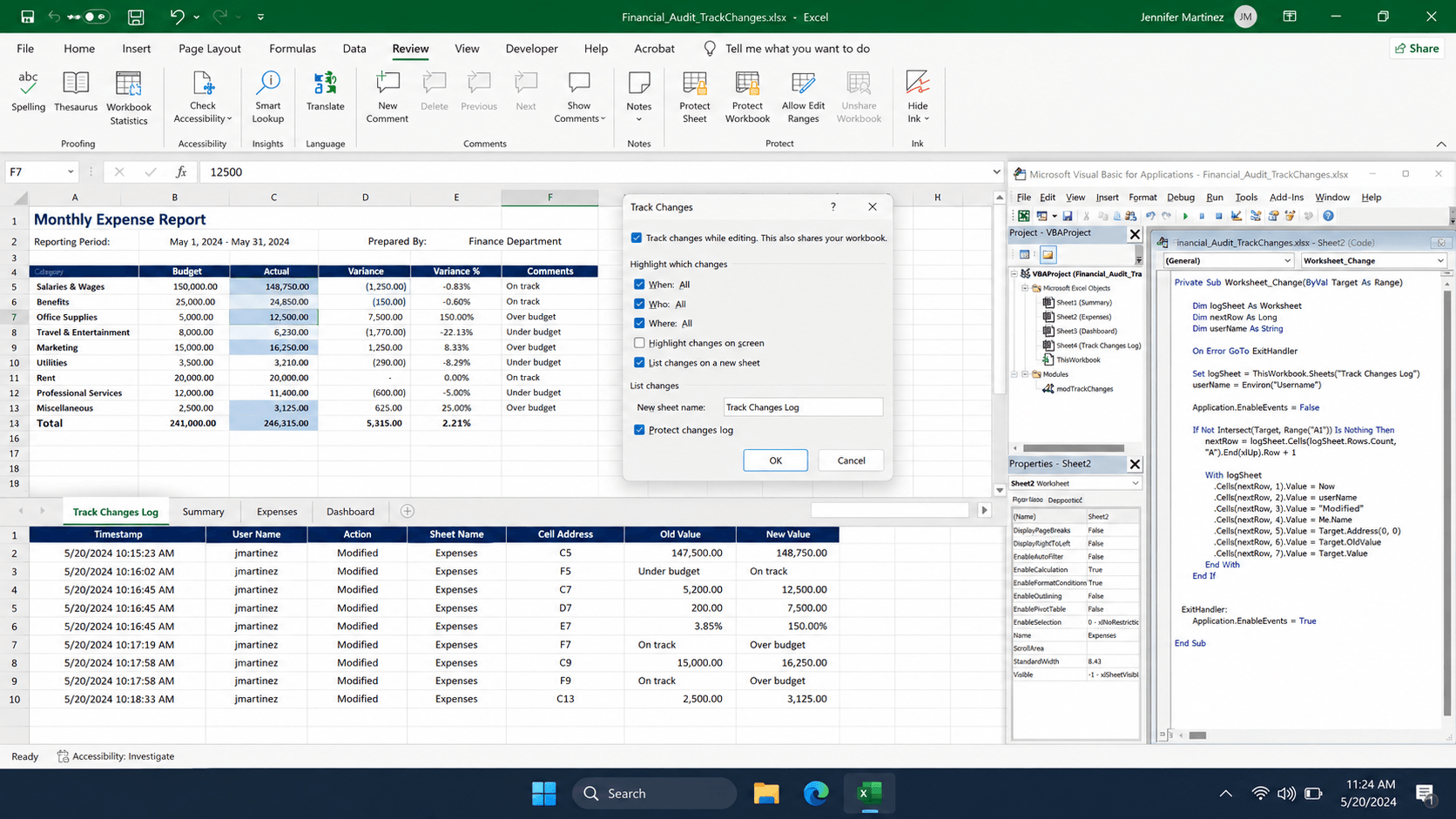 Excel audit trails and change tracking example
