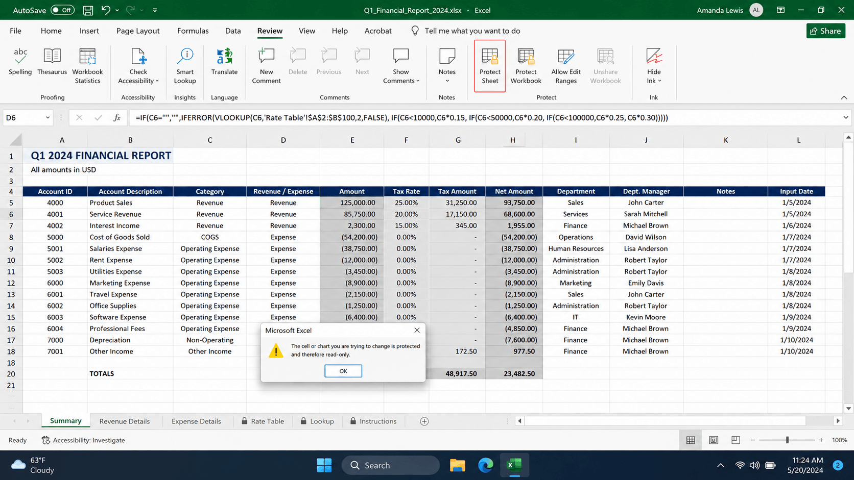 Cell-level protection and formula locking in Excel