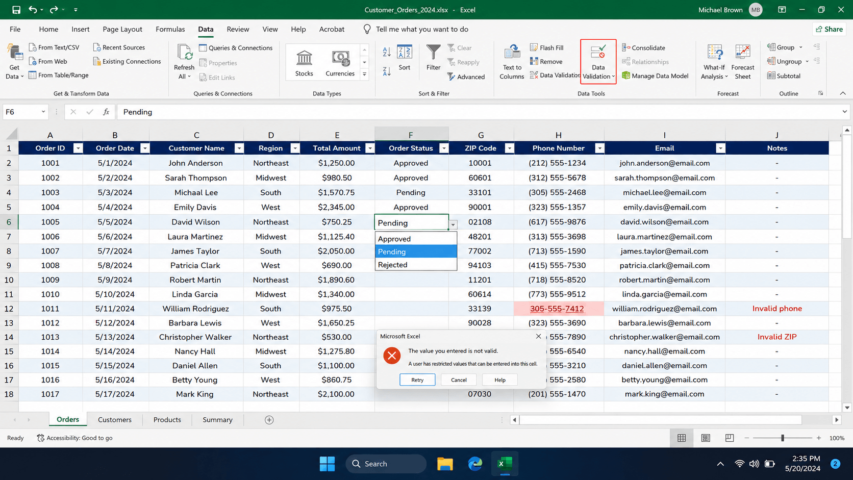 Excel data validation rules with dropdown lists and error alerts