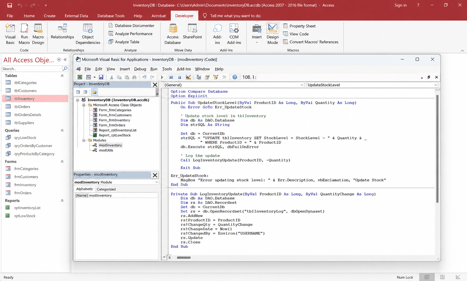 Microsoft Access database automation and VBA module overview