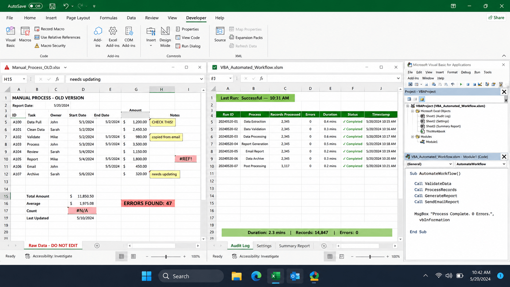 Manual process workflow problems in Excel before automation